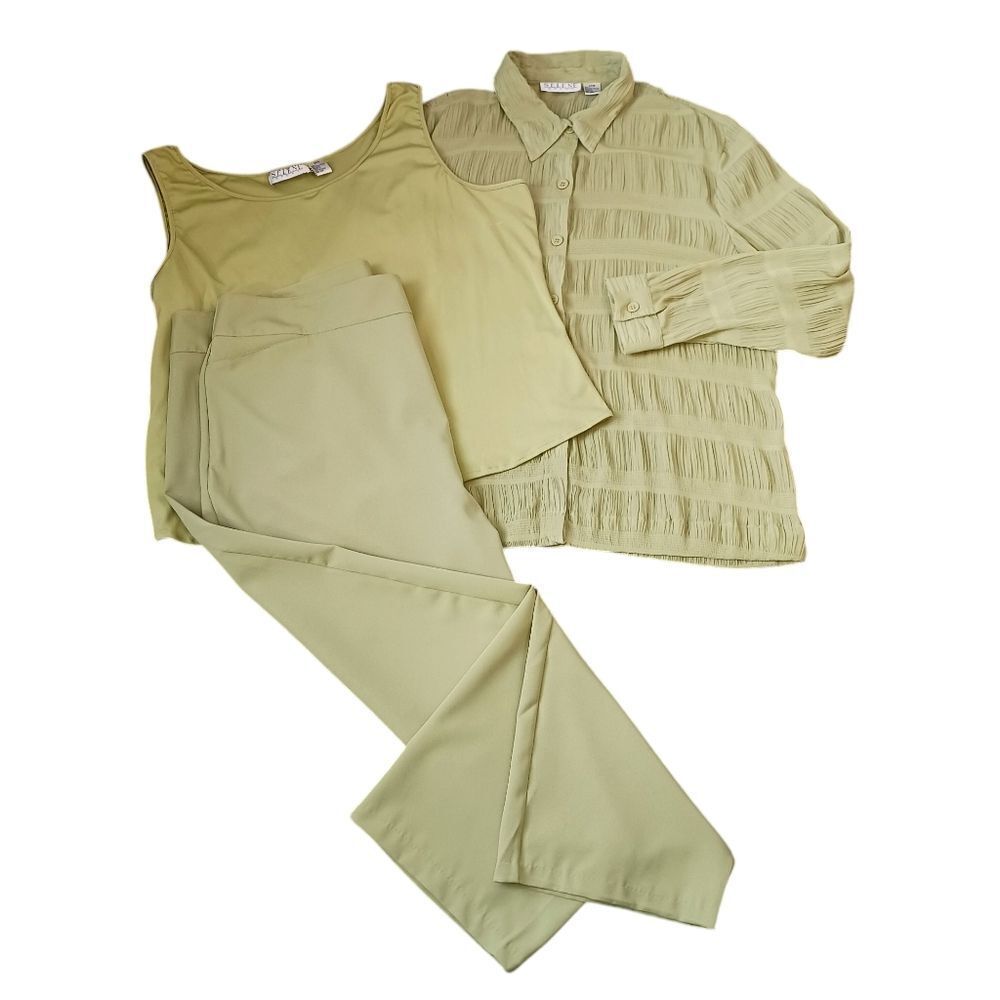 Three Piece Pant Set Lightweight Pockets Long Sleeve Gauzy Spring Green Size 24 - Picture 2 of 12
